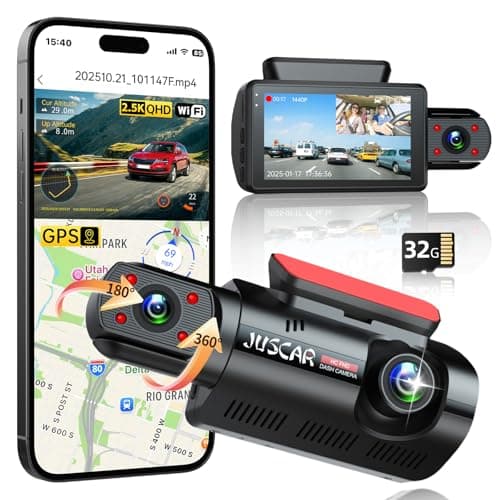 Juscar 2-Channel Dash Cam, 2.5K Front + 1080P Inside, 32 GB Included