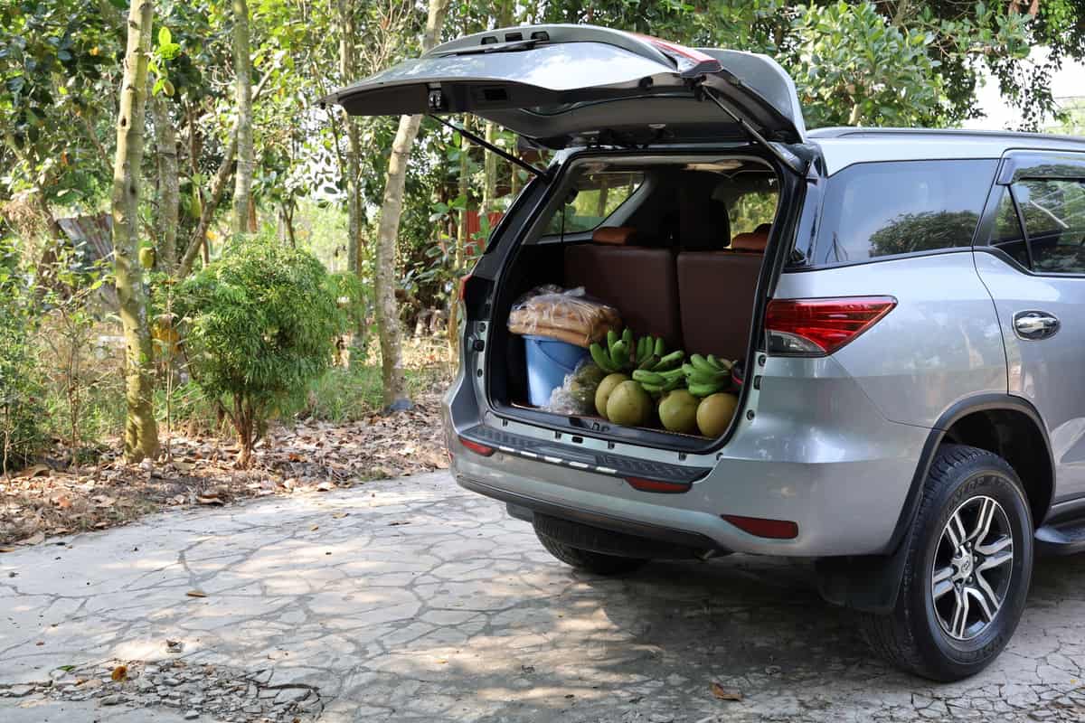 An SUV with its trunk open and loaded with fruit and groceries