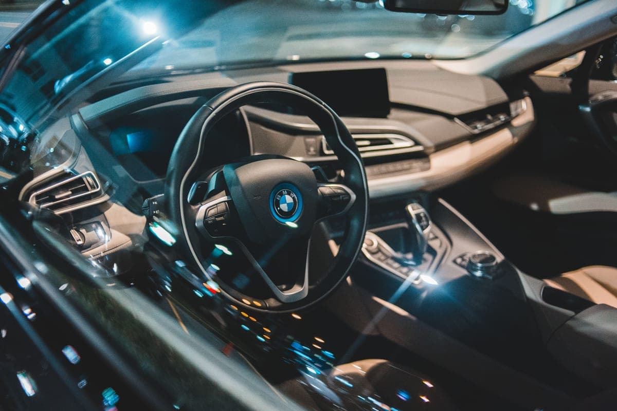 The clean dashboard of a new car interior