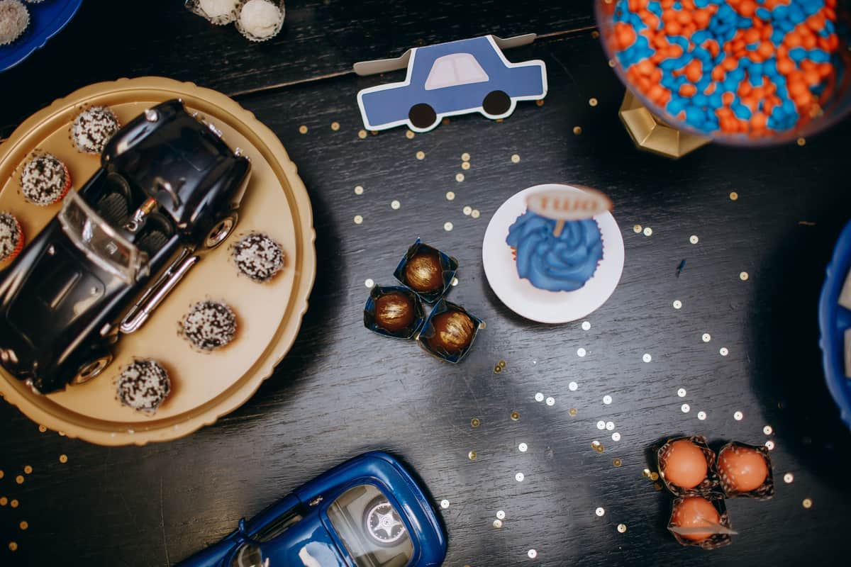 Toys and snacks in a car for children